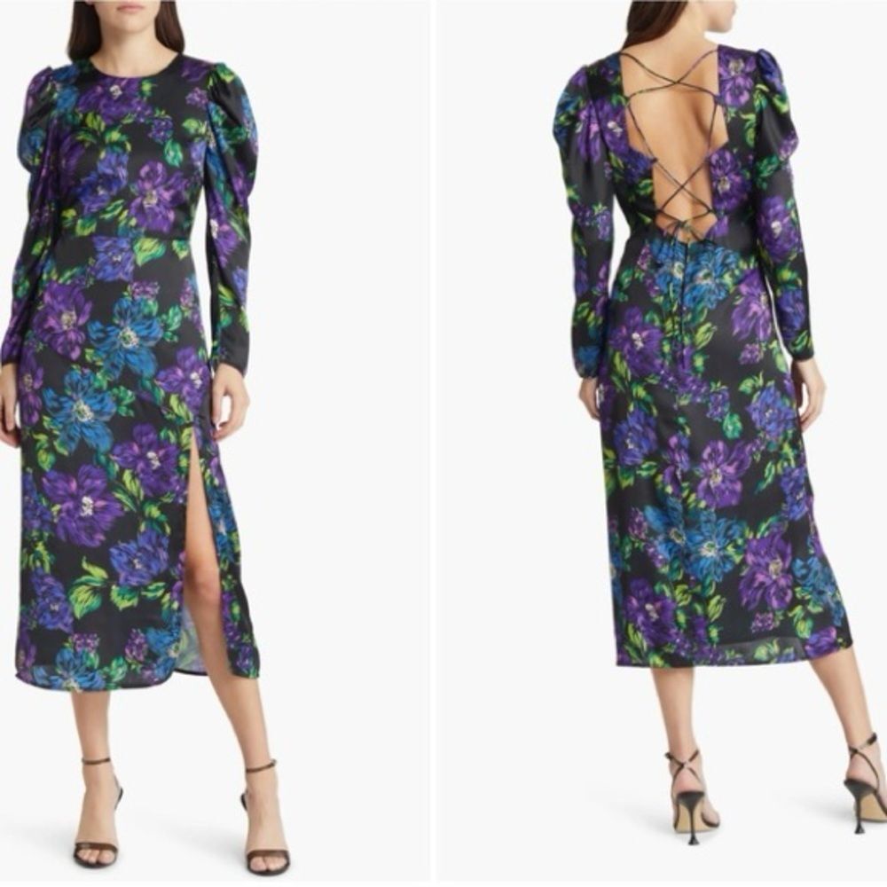 NEW Adelyn Rae Erin Lace Up Black Purple Floral Backless Dress S